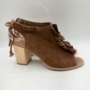 TOMS Brown Suede Ruffle Peep Toe Block Heel Lace Up Sandals Womens 7 10012485-10